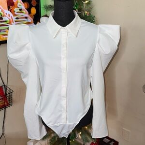 White Blouse (Bodysuit) with Dramatic Shoulders